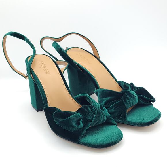 J. Crew green velvet knotted peep toe sandal block heel women's size 10 - Picture 2 of 11